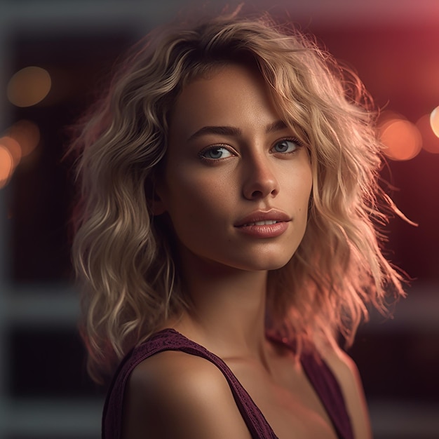 een vrouw met blond haar en een paarse tanktop staat voor een raam.