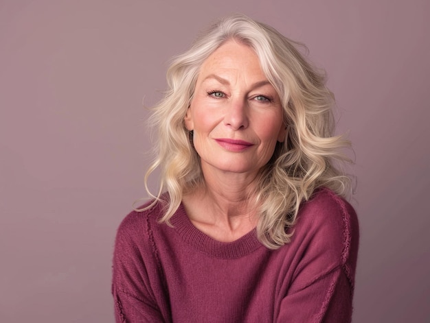 Een vrouw met blond haar en een paarse trui