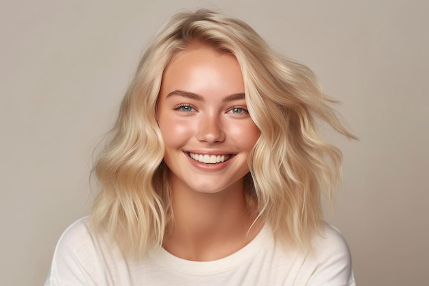 Een vrouw met blond haar en een wit overhemd