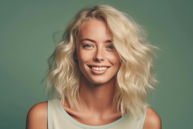 Een vrouw met blond haar en een wit topje lacht naar de camera.