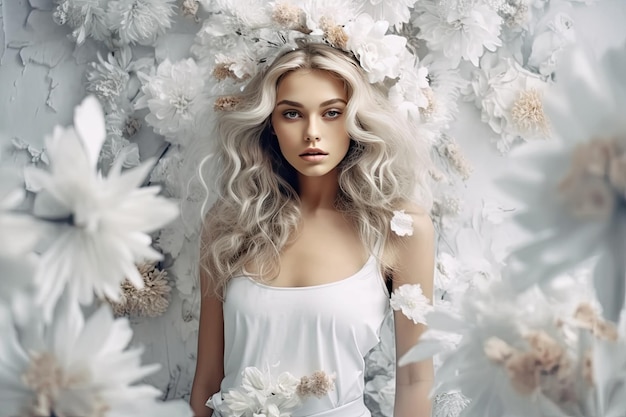 Een vrouw met blond haar en een witte jurk wordt omringd door bloemen.