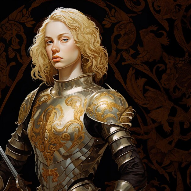 een vrouw met blond haar en een zilveren en gouden helm