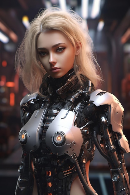 Een vrouw met blond haar en een zilveren robot