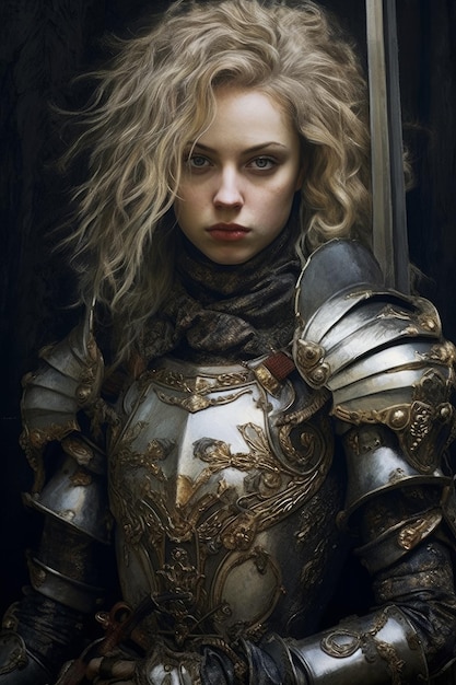 Een vrouw met blond haar en een zwaard in haar handen