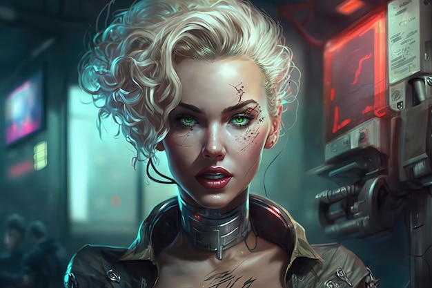 Een vrouw met blond haar en een zwarte jas staat voor Cyberpunk City