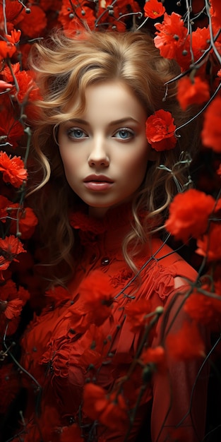 een vrouw met blond haar en rode bloemen op de achtergrond