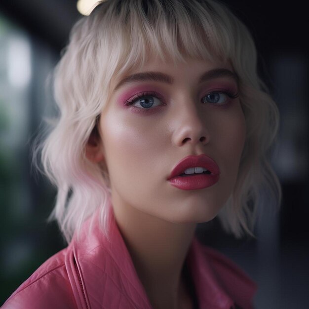 Een vrouw met blond haar en roze lippenstift poseert voor een foto.