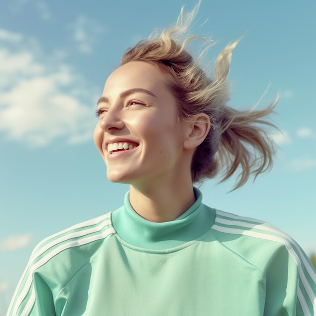 een vrouw met blond haar, gekleed in een groen-wit shirt met witte strepen.