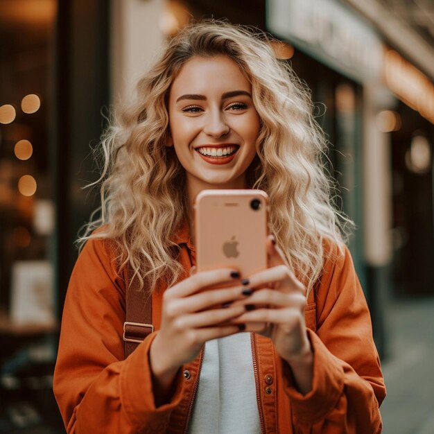 een vrouw met blond haar lacht en houdt een telefoon vast