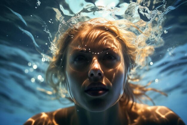 Een vrouw met blond haar onder water met bubbels.