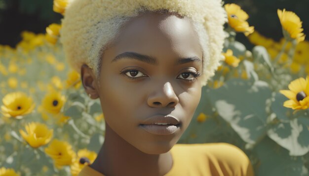 Een vrouw met blond haar staat voor een geel bloemenveld.