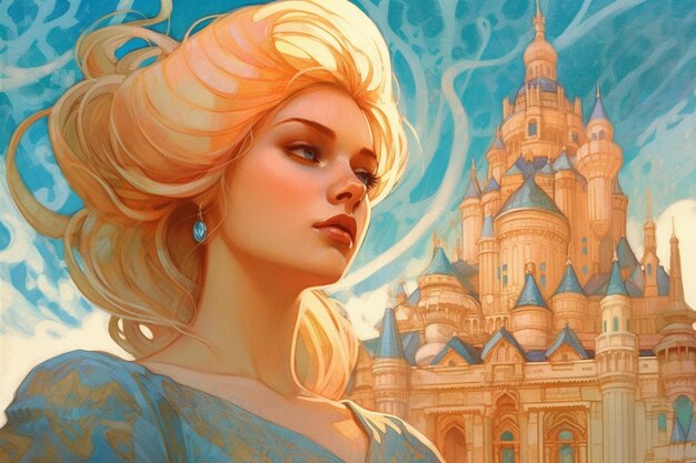 Een vrouw met blond haar staat voor een kasteel.