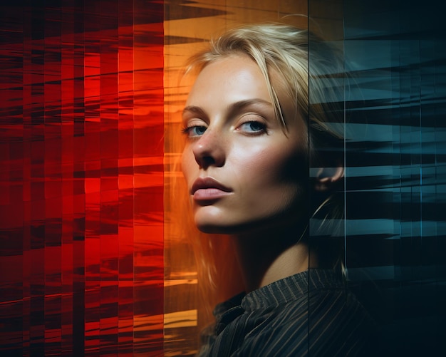een vrouw met blond haar voor een kleurrijke achtergrond