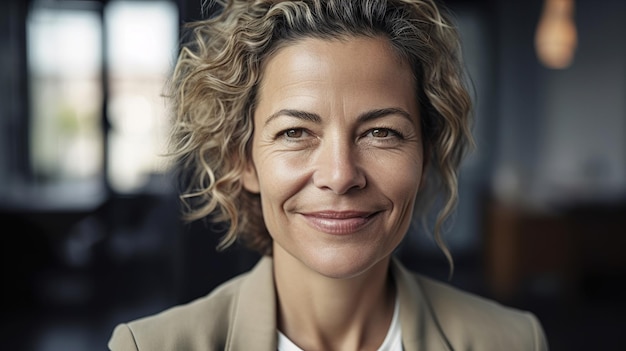 Een vrouw met blond krullend haar glimlacht naar de camera.