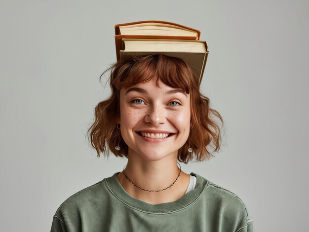 Een vrouw met boeken op haar hoofd.