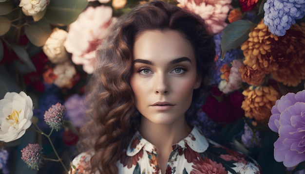 Een vrouw met bruin haar en een gebloemd overhemd staat voor een boeket bloemen.