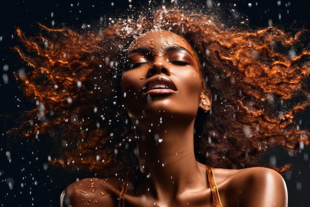 Een vrouw met bruin haar en ogen bedekt met water
