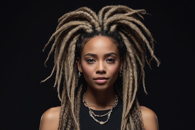 Een vrouw met dreadlocks en dreadlooks wordt getoond voor een zwarte achtergrond