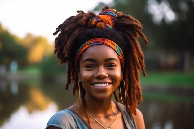 Een vrouw met dreadlocks en een kleurrijke hoofdband glimlacht naar de camera.