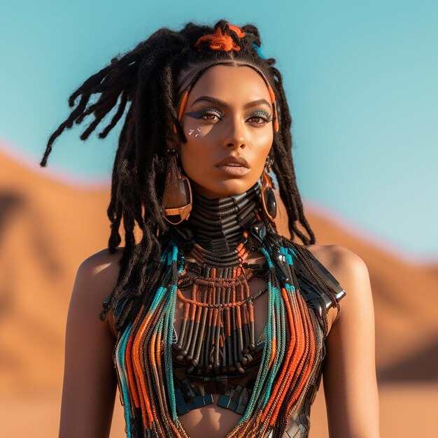 Een vrouw met dreadlocks en een kleurrijke ketting staat in de woestijn.