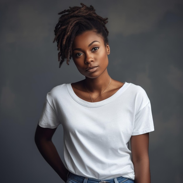 Een vrouw met dreadlocks en een wit overhemd