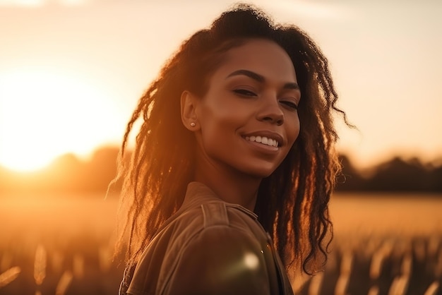 Een vrouw met dreadlocks glimlacht in een veld bij zonsondergang.