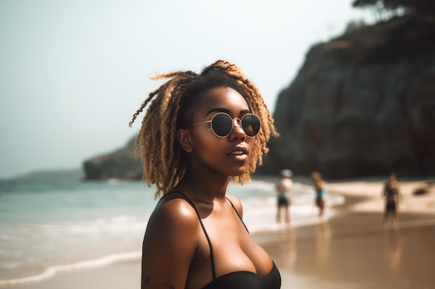 Een vrouw met dreadlocks staat op een strand voor een klif.