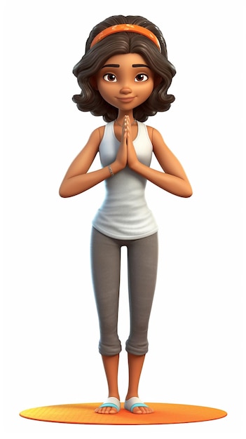 Een vrouw met een 3D-personage in een witte tanktop en hoed staat in een yogahouding