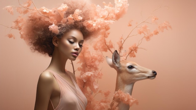 Foto een vrouw met een afro en een hert voor haar ai