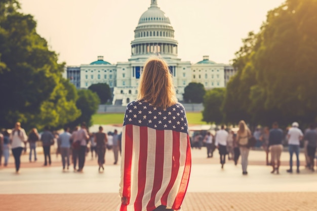 Een vrouw met een Amerikaanse vlag staat op de capitol-achtergrond Onafhankelijkheidsdag van de VS Generative AI