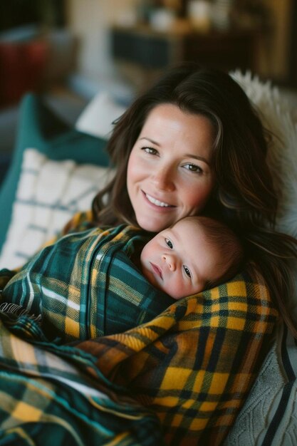 Foto een vrouw met een baby in een deken gewikkeld