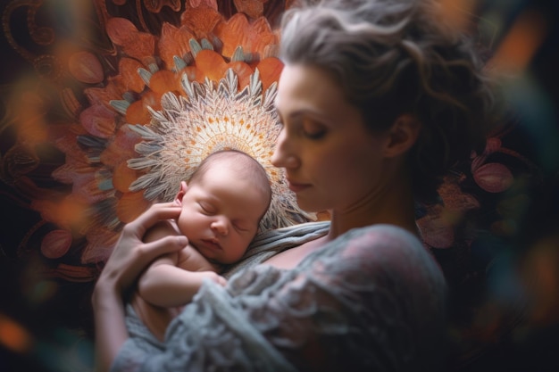 Foto een vrouw met een baby in haar armen generatieve ai beeld