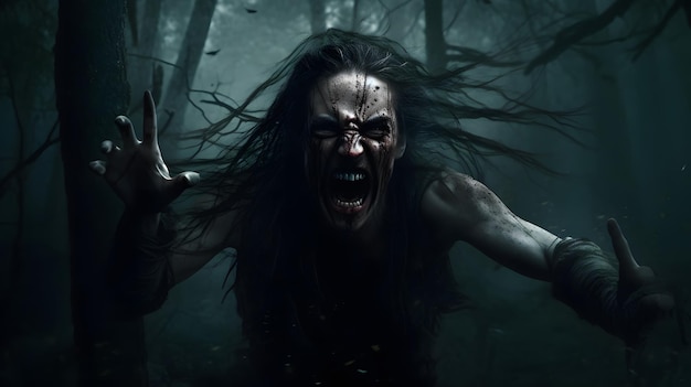 Een vrouw met een bebloed gezicht bevindt zich in een donker bos.