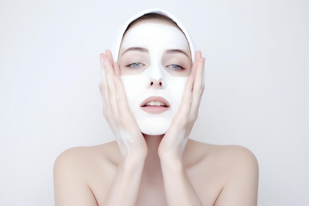 Een vrouw met een behandeling met een wit gezichtsmasker
