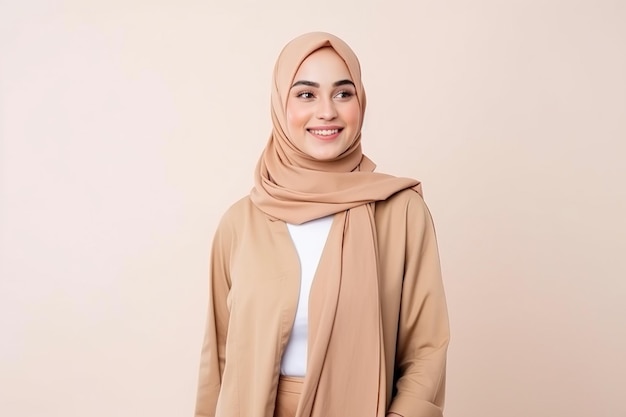 Een vrouw met een beige hijab en een beige jas staat tegen een roze achtergrond