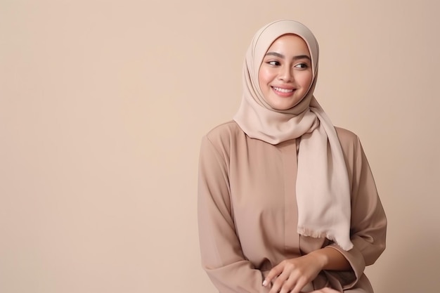 Een vrouw met een beige hijab staat voor een beige muur.