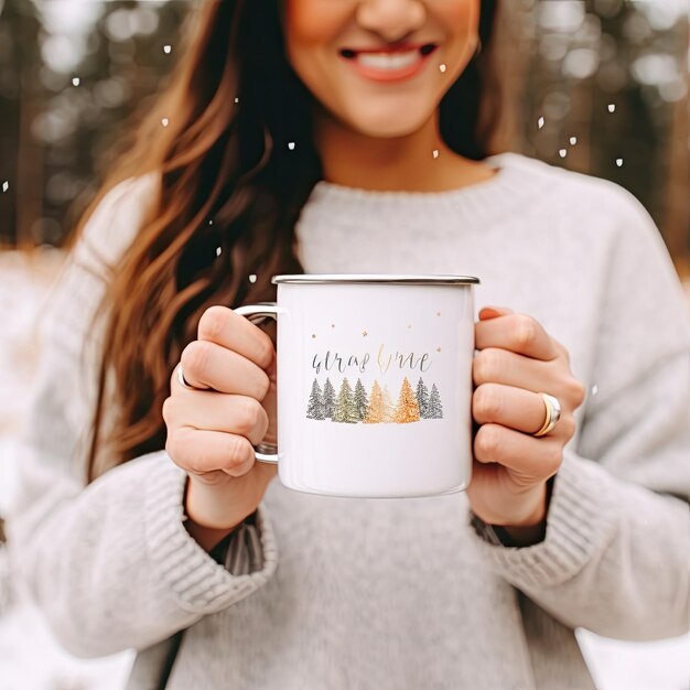 een vrouw met een beker met de woorden kerstmis erop