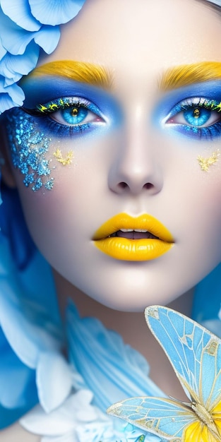 Een vrouw met een blauw gezicht en gele make-up