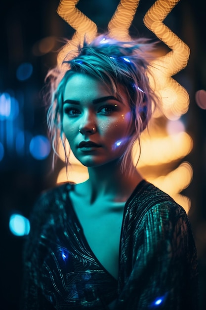 Een vrouw met een blauw licht achter haar