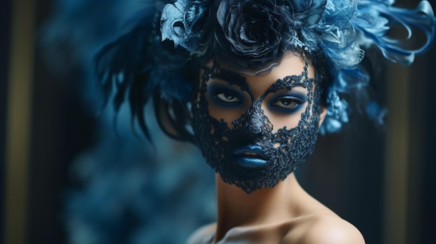 Een vrouw met een blauw masker poseert.