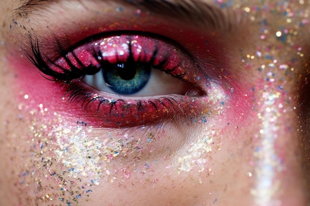 een vrouw met een blauw oog en roze glitters rond haar oog.