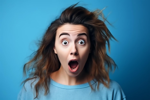 Een vrouw met een blauw shirt die zegt dat ik een grote meid ben op een blauwe achtergrond