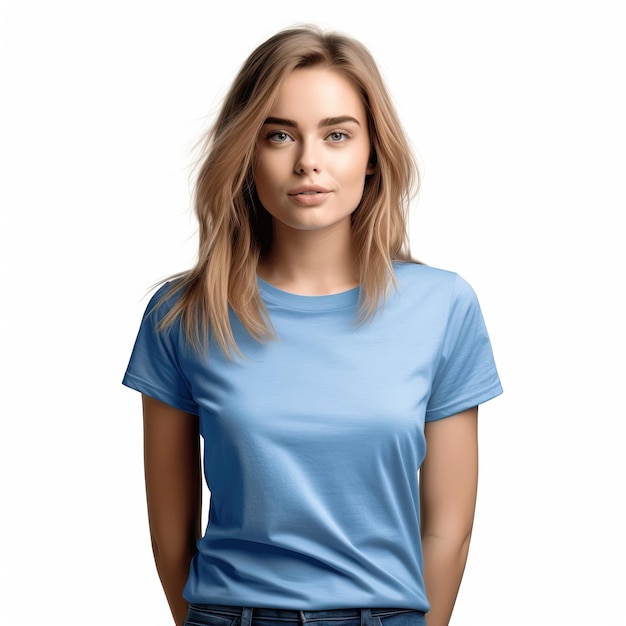 Foto een vrouw met een blauw t-shirt met het woord liefde erop.