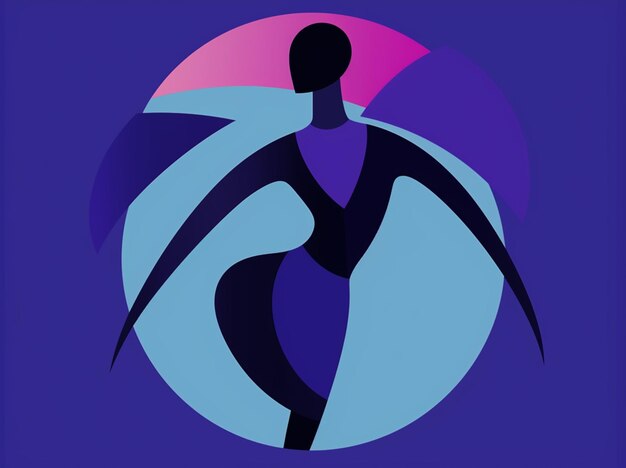 Een vrouw met een blauwe achtergrond en een paarse cirkel in het midden.