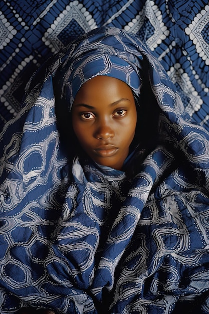 Foto een vrouw met een blauwe en witte patroon sjaal