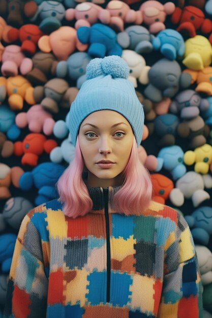 Foto een vrouw met een blauwe hoed staat voor een stapel opgezette dieren.