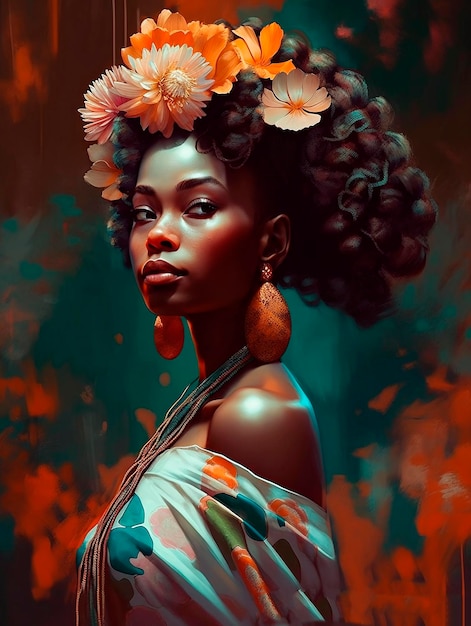 Een vrouw met een bloem in haar haar een digitaal schilderij in trending op afrofuturism AI gegenereerd AI generativ