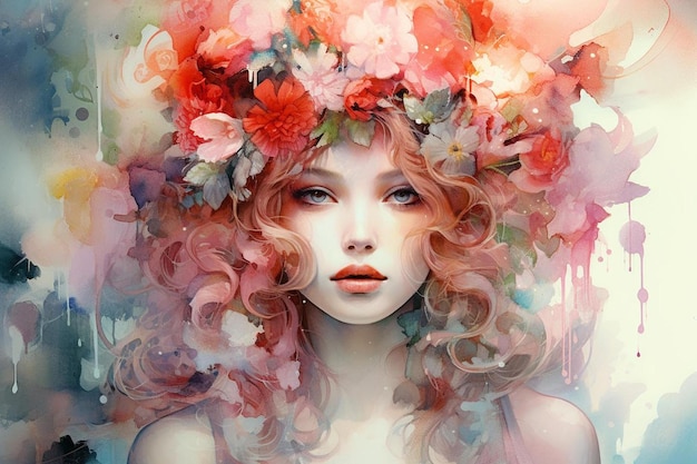 een vrouw met een bloem in haar haar en een kleurrijke achtergrond.
