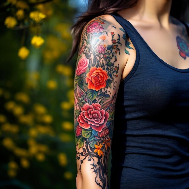 Foto een vrouw met een bloem tatoeage op haar arm