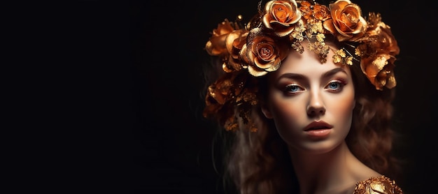 Een vrouw met een bloemenkrans op haar hoofd
